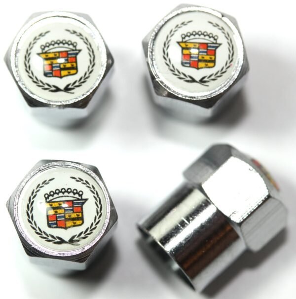Cadillac White Tire Valve Stem Caps - Plus Free Extra Cap