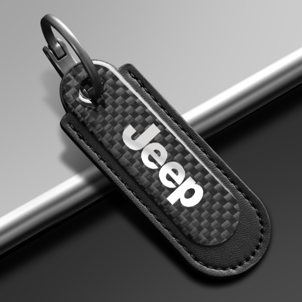 Carbon Fiber Black Leather Keychain For Jeep