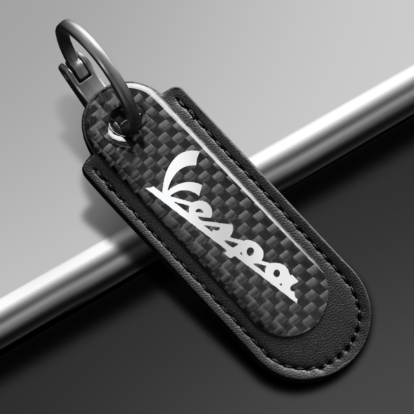 Carbon Fiber Black Leather Keychain For Vespa