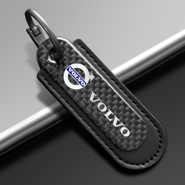 Carbon Fiber Black Leather Keychain For Volvo